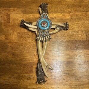 Religious Resin Interwind Antler Turquoise Native American Wall Hanging Cross